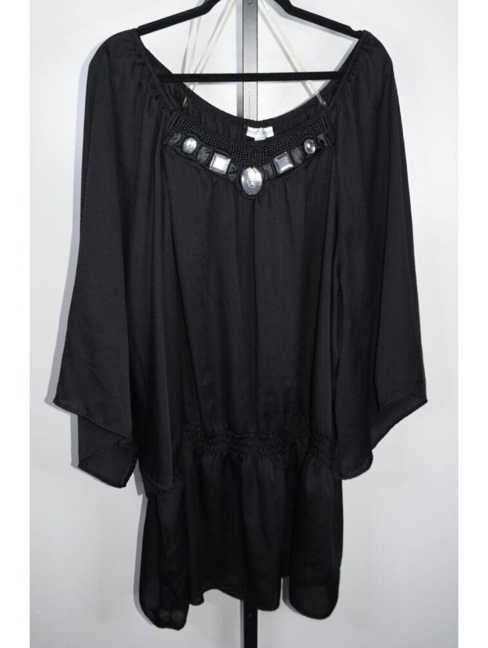 Y2K Vintage Fashion Bug Black Jeweled Blouson Top Plus Size 4X Bell Sleeve